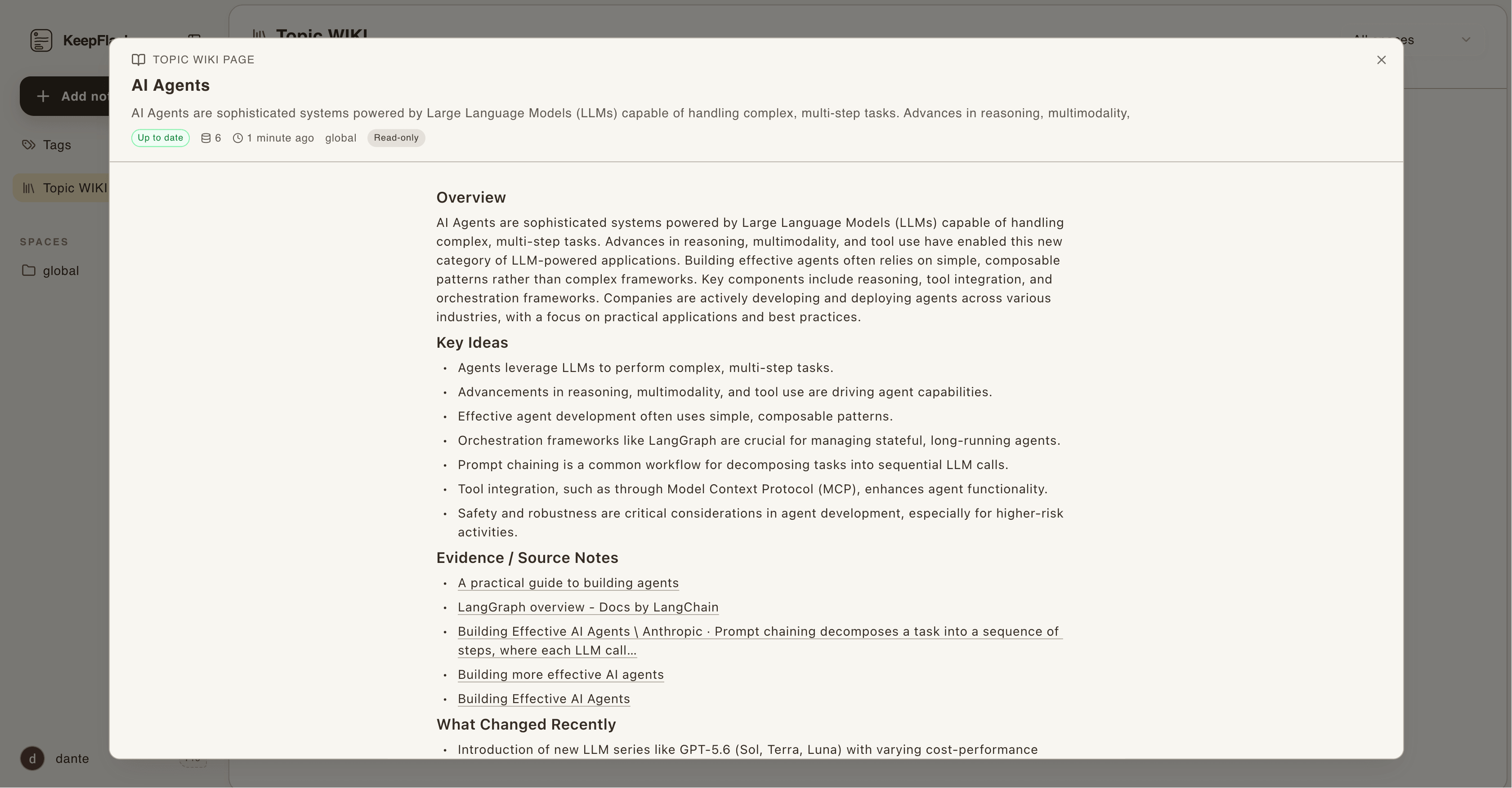 KeepFlash Topic Page about AI Agents showing an overview, key ideas, six linked sources, freshness status, and evidence notes