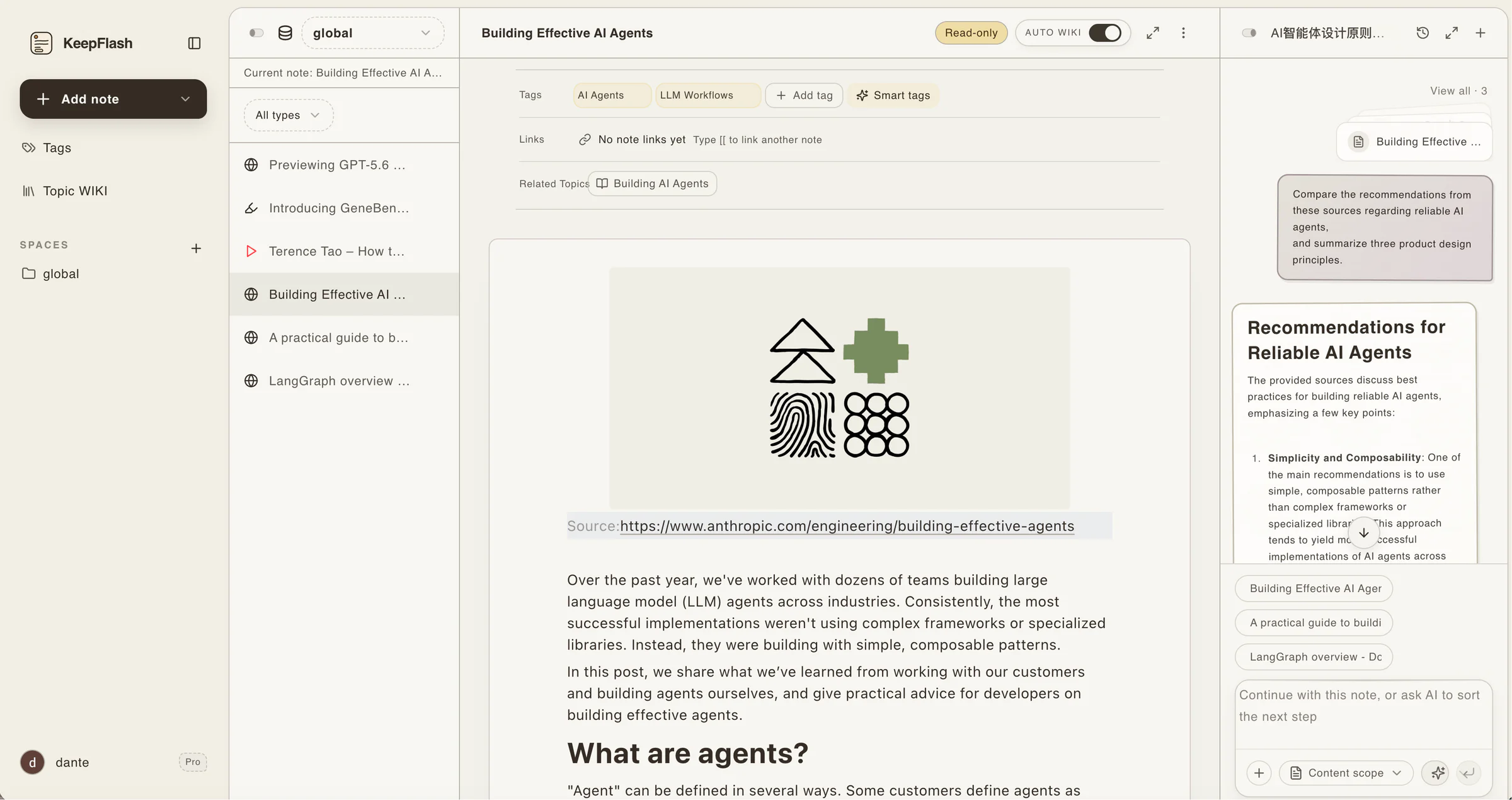 KeepFlash product screenshot showing an AI answer with the saved notes and source titles used as context