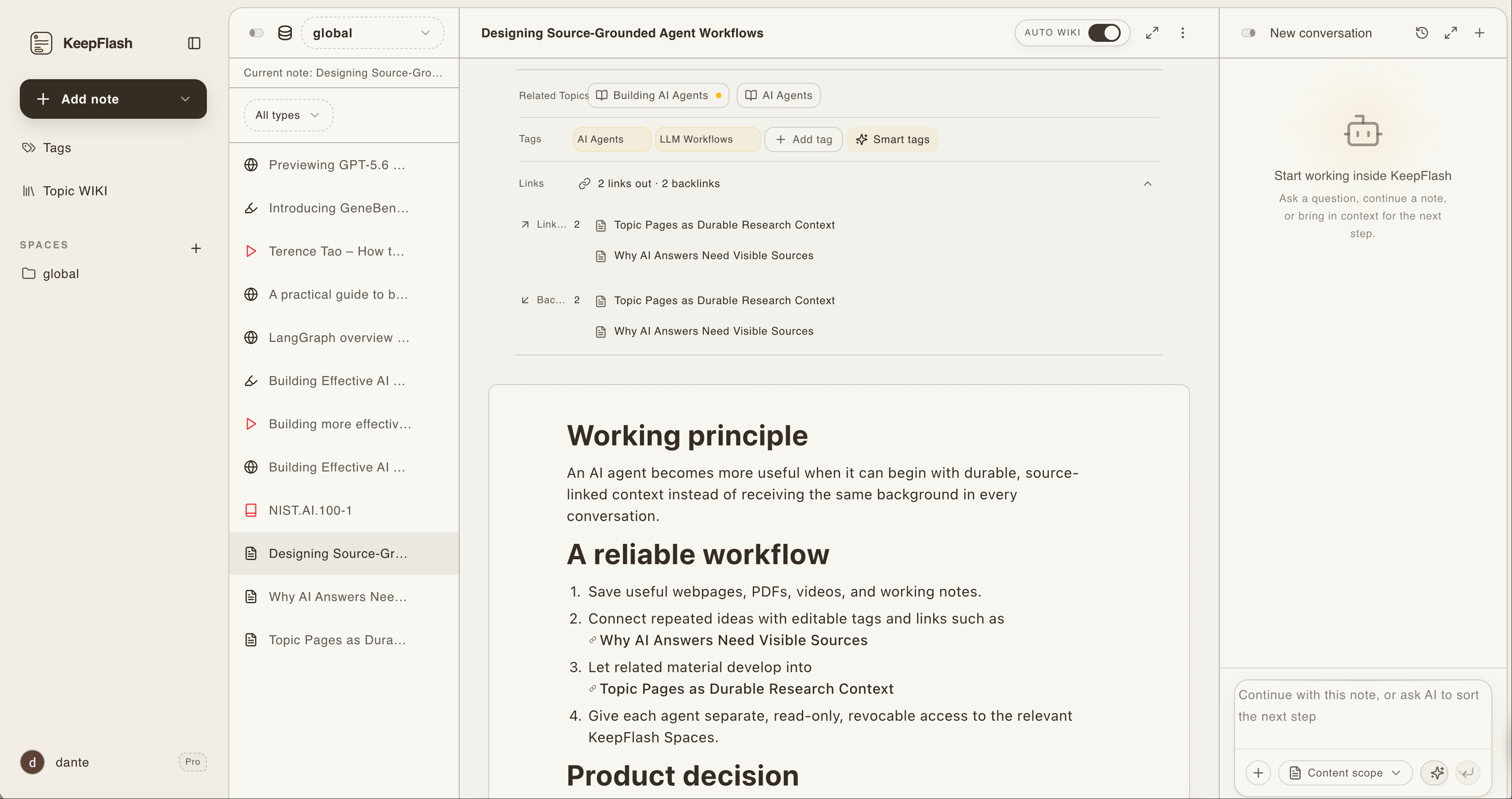 KeepFlash note showing editable AI Agents and LLM Workflows tags, related topics, two outgoing links, two backlinks, and linked note content